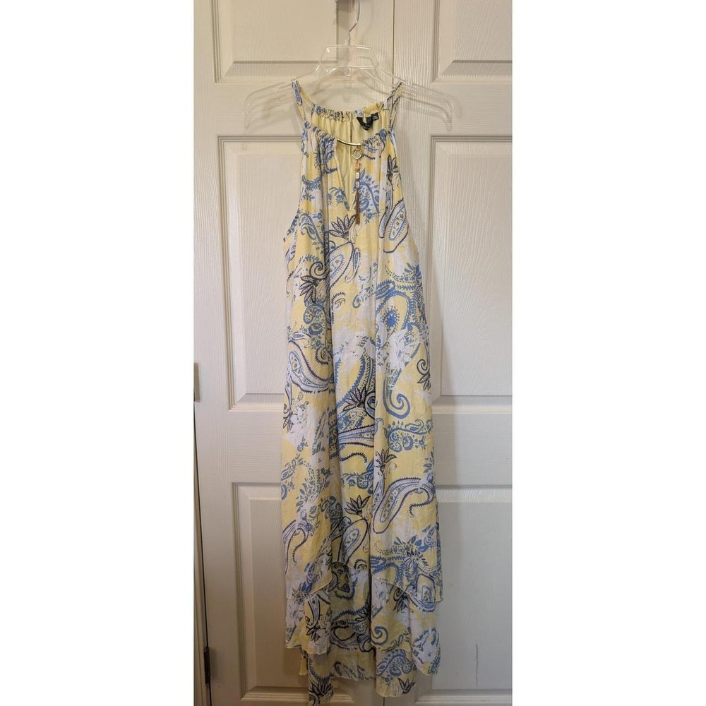 Mlle Gabrielle Boho Paisley High-Low Maxi Dress 1X Yellow Blue Tassel Vintage
